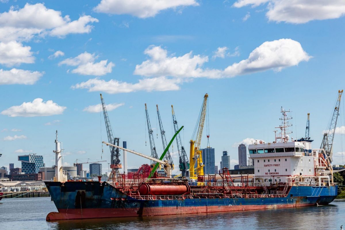 Logistics business. Huge cranes and ships anchored at harbor. International commercial port, city of Rotterdam background, sunny summer day